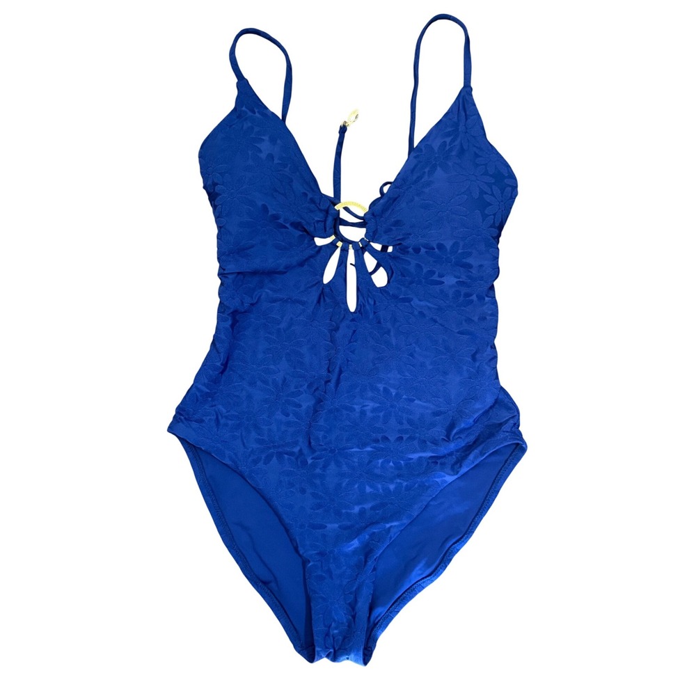 Trina Turk Royal Blue Floral Jacquard Ring One Piece Swimsuit Size 10 Beach